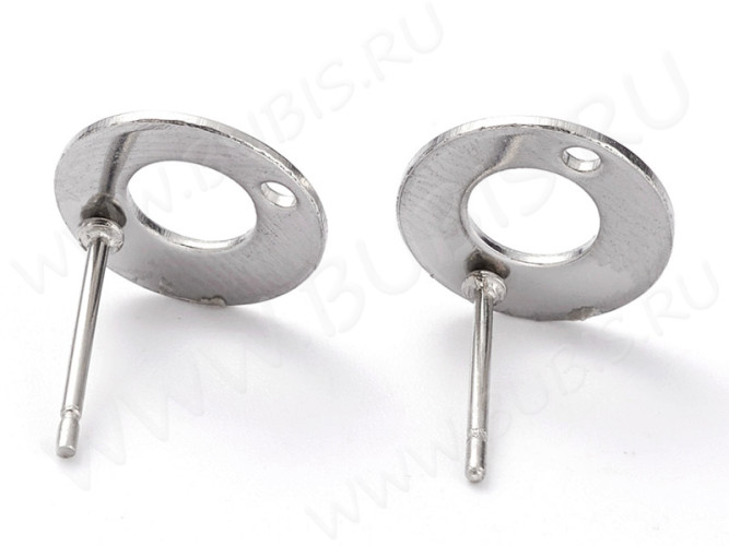 Пуссеты ("гвоздики") №190 с кругом в круге 10мм и отверстием 12*10*0,7мм цвет платины (Хирургическая сталь) (1 пара)