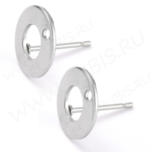 Пуссеты ("гвоздики") №190 с кругом в круге 10мм и отверстием 12*10*0,7мм цвет платины (Хирургическая сталь) (1 пара)