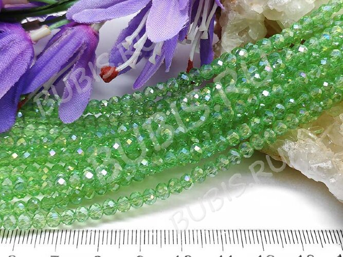 (СКИДКИ!!!) Бусина кристалл гранёный абакус 4,3*4*3,5мм св.зелёный с АВ прозрачный (имитация Сваровски) (100шт.)