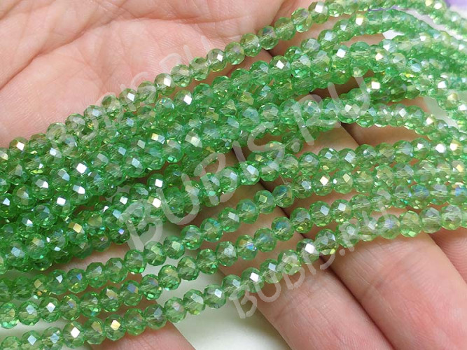 (СКИДКИ!!!) Бусина кристалл гранёный абакус 4,3*4*3,5мм св.зелёный с АВ прозрачный (имитация Сваровски) (100шт.)