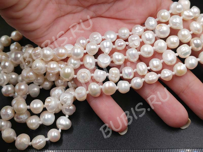 (ОПТ) Бусина Жемчуг 28 пресноводный фриформ 8-10мм белый натуральный (камни) (нить 29-30см)
