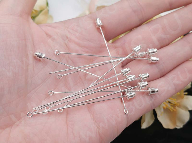 Основа (заготовка) для броши №19 булавка шляпная с петлёй 60*0,9мм серебристая (Brass)