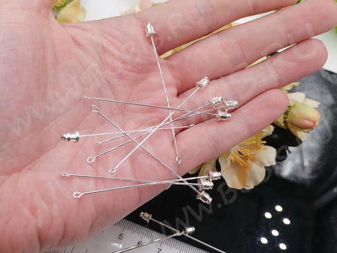 Основа (заготовка) для броши №19 булавка шляпная с петлёй 60*0,9мм серебристая (Brass)