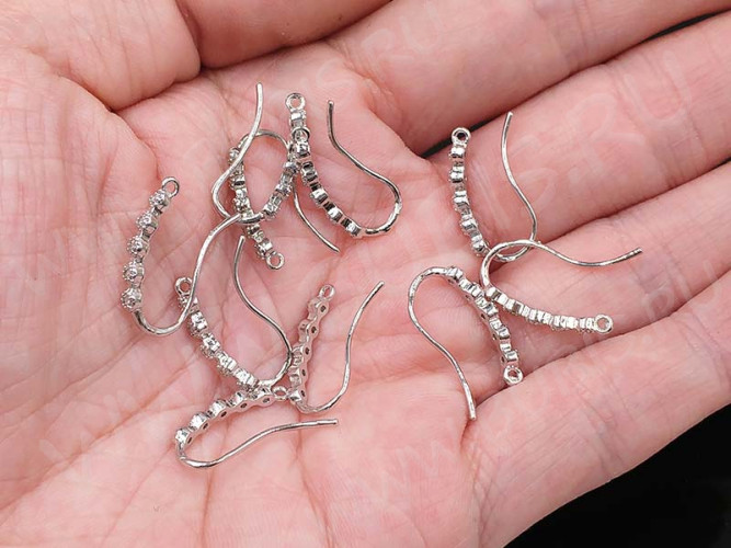 Швензы-крючки №085 с инкрустацией 19*10*2,5мм цвет платины и прозрачный (Milano LUX) (Brass и фианиты) (1пара)