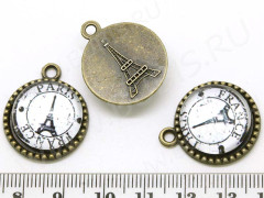 Подвеска Круг 10 Эйфелева башня с кабошоном 26*21,5*8мм античная бронза и рисунок 03 (литьё и стекло)
