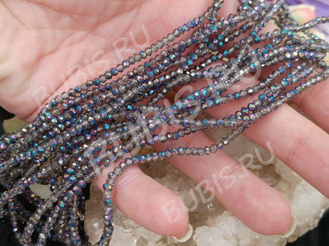 (СКИДКИ!!!) Бусина кристалл гранёный абакус 3*3*2мм серый с AB прозрачно-непрозрачный (имитация Сваровски) (НИТЬ)