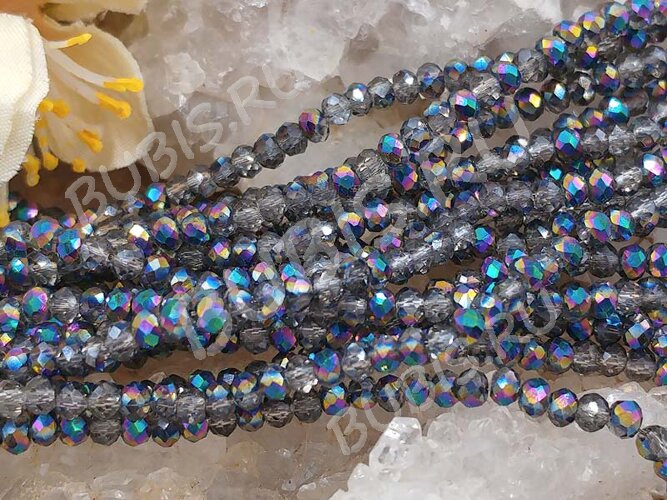 (СКИДКИ!!!) Бусина кристалл гранёный абакус 3*3*2мм серый с AB прозрачно-непрозрачный (имитация Сваровски) (НИТЬ)