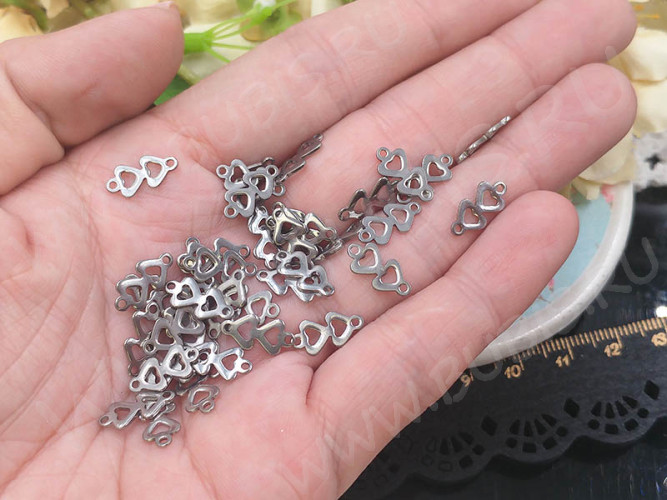 348 Коннектор Сердечки Ёлочка 12,5*6*0,8мм цвет платины (Хирургическая Сталь) (10шт)