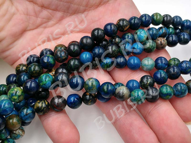 (СКИДКИ!!!) Бусина округлая 8мм Хризоколла т.сине-бирюзовая натуральная (камни LUX) (10шт.)