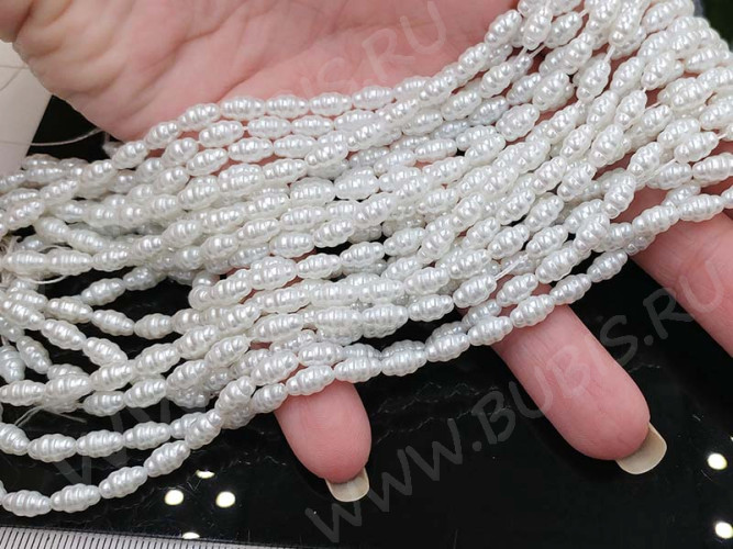 (ОПТ) Бусина "жемчуг" Рис рифлёный майорка 7,5*4мм белый жемчужный (стекло) (НИТЬ)