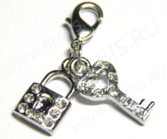 Подвеска Замочек 06 с ключиком с прозрачными стразами 17-19*9*3мм цвет платины (цветные подвески)