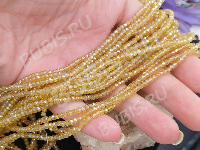 (СКИДКИ!!!) Бусина кристалл гранёный абакус 3*3*2мм св.золотистый с АВ прозрачный (имитация Сваровски) (НИТЬ)
