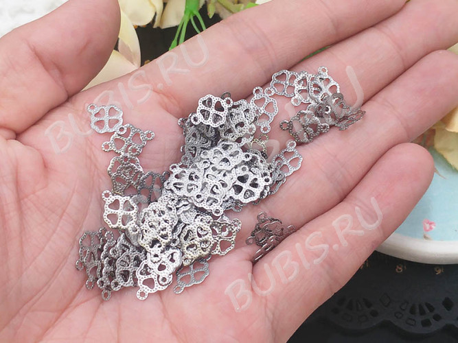 349 Коннектор Клевер Четырёхлистник тонкий 12,5*8*0,4мм цвет платины (Хирургическая Сталь)