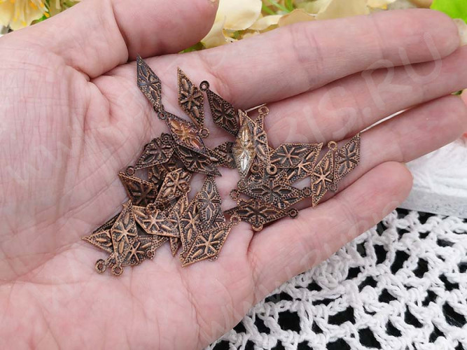 (СКИДКИ!!!) Декоративный элемент 094 подвеска Ромб 20*7,5*0,15мм античная медь (Iron) (имитация скани) (10шт.)