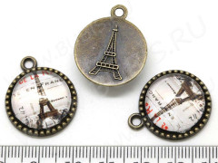 Подвеска Круг 10 Эйфелева башня с кабошоном 26*21,5*8мм античная бронза и рисунок 05 (литьё и стекло)