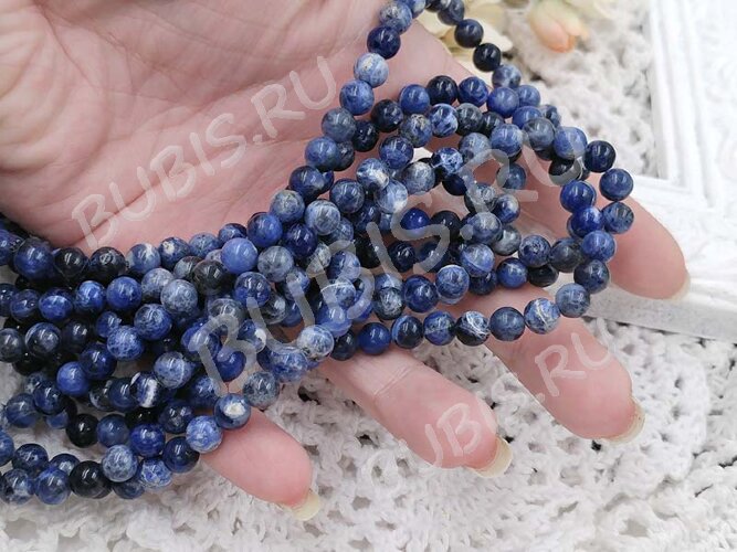 (ОПТ) Бусина округлая 6мм LUX Содалит натуральный (камни) (НИТЬ)
