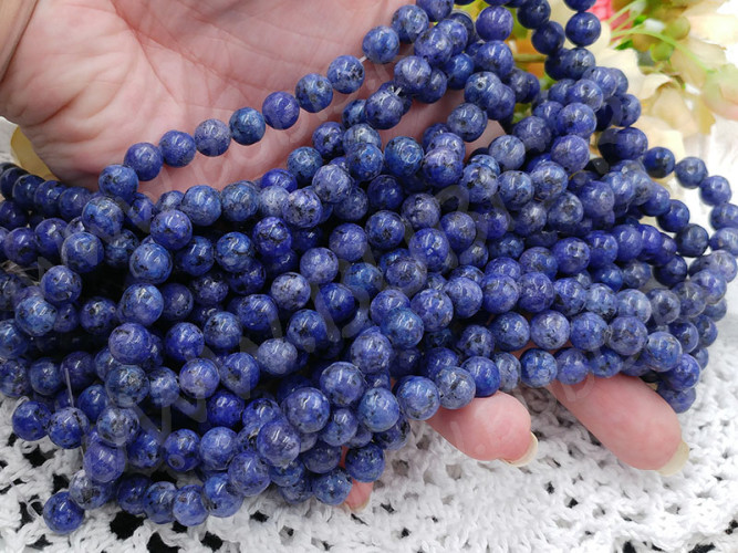 (ОПТ) Бусина округлая 8мм Яшма Кунжутная СИНЯЯ натуральная тонированная (камни) (НИТЬ)