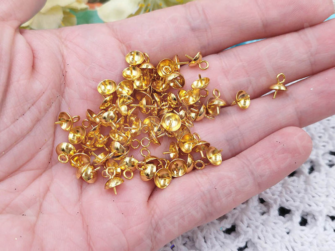 Держатель кулона 088 шапочка со штырьком 8,5*6*6мм золотистый (Хирургическая Сталь)