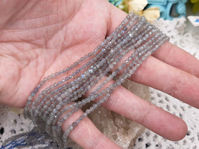 (ОПТ) Бусина округлая ГРАНЁНАЯ "каменный бисер" 3мм Лабрадорит натуральный (камни LUX) (НИТЬ)