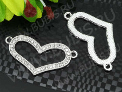 234 Коннектор вставка для браслетов Сердечко 35,5*18*1,8мм серебристо-прозрачное (сплав и стекло)