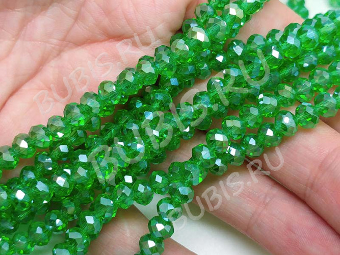 (ОПТ) Бусина Абакус гранёный 6*6*4,5мм Хрусталь зелёный с АВ прозрачный (имитация Сваровски) (100шт.)
