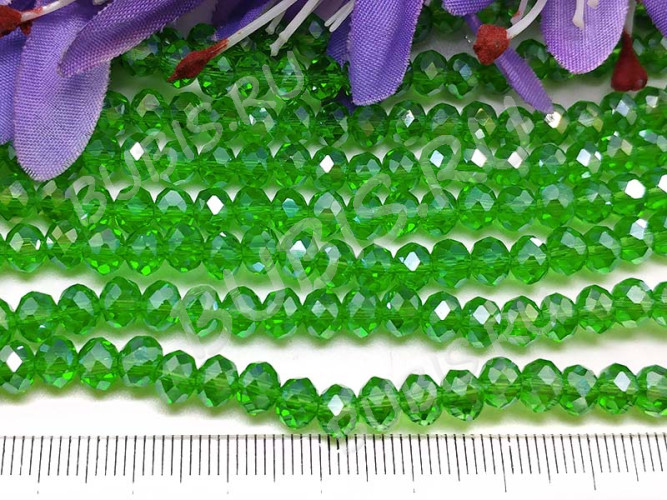 (ОПТ) Бусина Абакус гранёный 6*6*4,5мм Хрусталь зелёный с АВ прозрачный (имитация Сваровски) (100шт.)