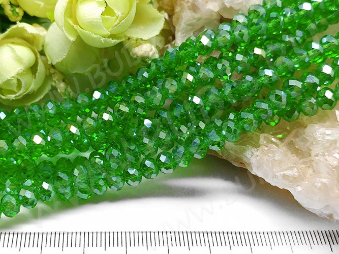 (ОПТ) Бусина Абакус гранёный 6*6*4,5мм Хрусталь зелёный с АВ прозрачный (имитация Сваровски) (100шт.)