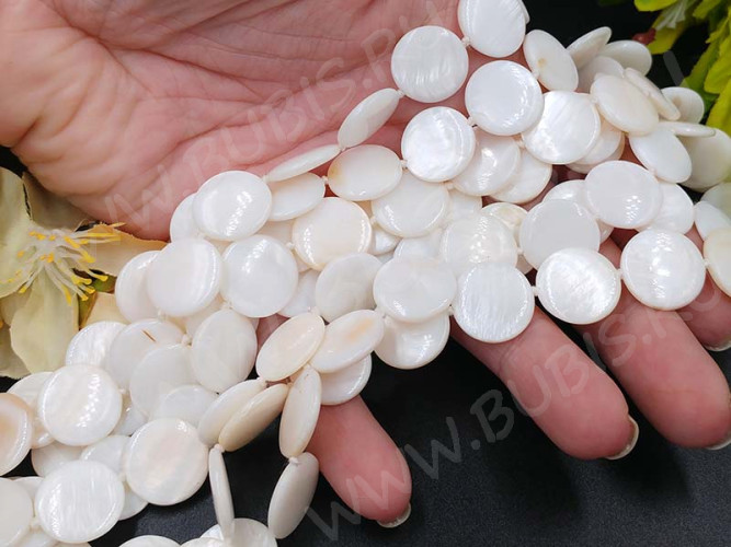 (ОПТ) Бусина Круг 11 перламутр 15*15*3мм белый (камни) (перламутр и ракушки) (НИТЬ)