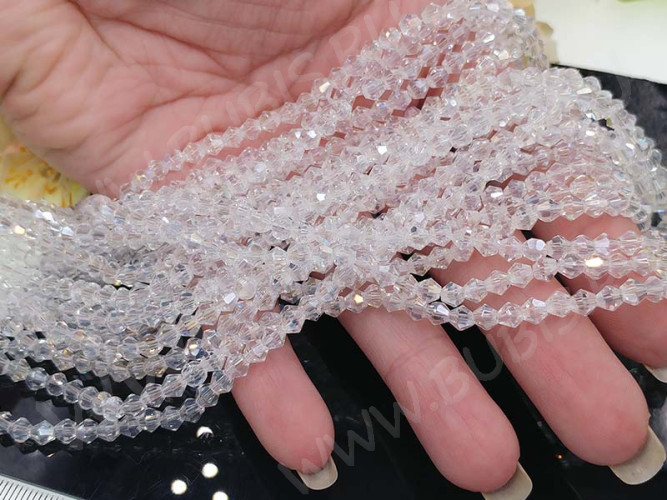 (СКИДКИ!!!) Бусина кристалл Биконус гранёный 4*4мм Хрусталь чистый прозрачныйс АВ (имитация Сваровски) (20шт.)