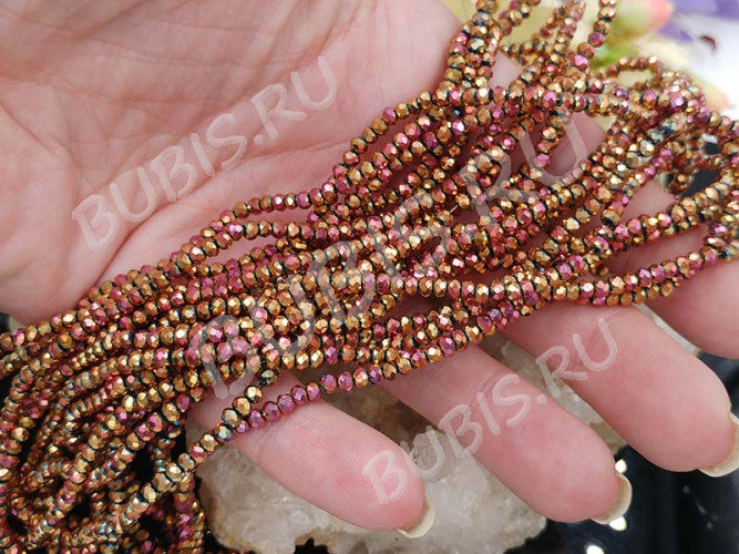 (СКИДКИ!!!) Бусина кристалл гранёный абакус 3*3*2мм розовато-золотистый бензин непрозрачный (имитация Сваровски) (НИТЬ)
