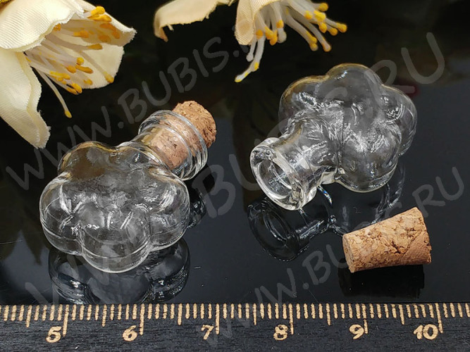 Бутылочка 79 фигурная с пробкой Цветочек 30*20*12мм прозрачная (стекло)