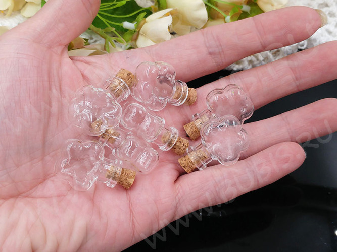 Бутылочка 79 фигурная с пробкой Цветочек 30*20*12мм прозрачная (стекло)