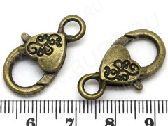 Замочек карабин №029 с сердечком и узором 25,5*14*5,5мм античная бронза (литьё)