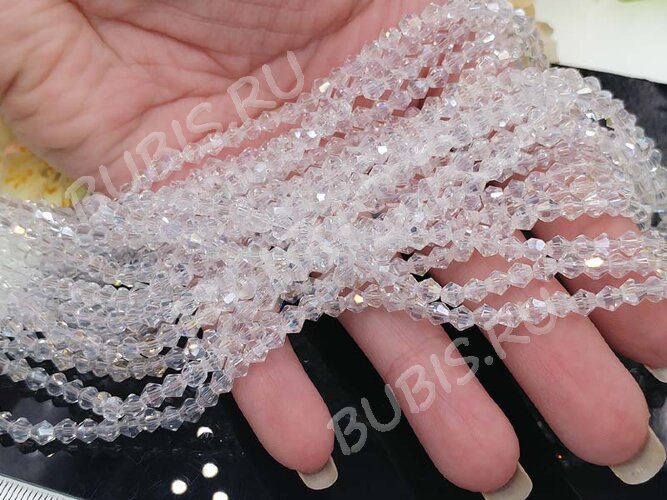 (ОПТ) Бусина кристалл Биконус гранёный 4*4мм Хрусталь чистый прозрачный с АВ (имитация Сваровски) (НИТЬ)