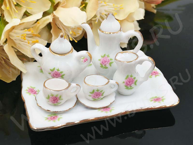 Фарфоровый сервизик 08 коробочка 100*75*19мм бело-розово-зелёный (керамика)