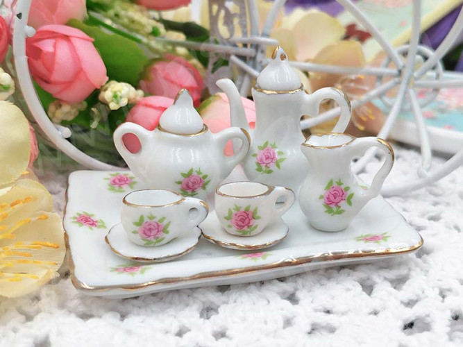 Фарфоровый сервизик 08 коробочка 100*75*19мм бело-розово-зелёный (керамика)