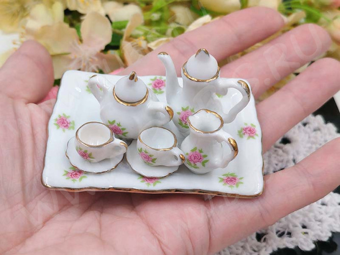 Фарфоровый сервизик 08 коробочка 100*75*19мм бело-розово-зелёный (керамика)