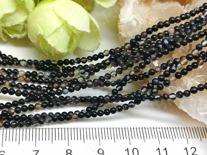(ОПТ) Бусина округлая 2,5мм Агат черный натуральный (камни) (НИТЬ)