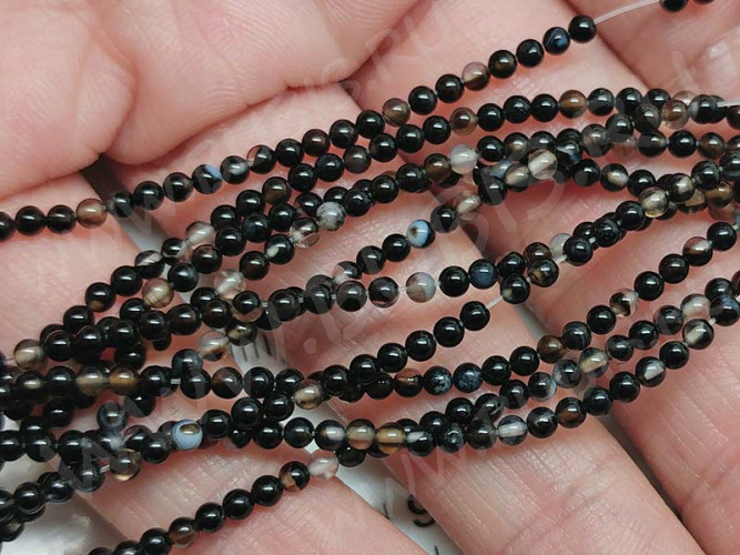 (ОПТ) Бусина округлая 2,5мм Агат черный натуральный (камни) (НИТЬ)
