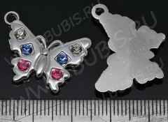 Подвеска Бабочка 39 25*20*2,5мм цвет платины с разноцветными стразами (цветные подвески)