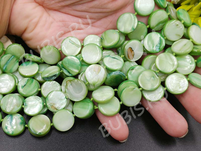 (СКИДКИ!!!) Бусина Круг 12 перламутр 15*15*3мм св.зелёный (камни) (перламутр и ракушки) (10шт.)