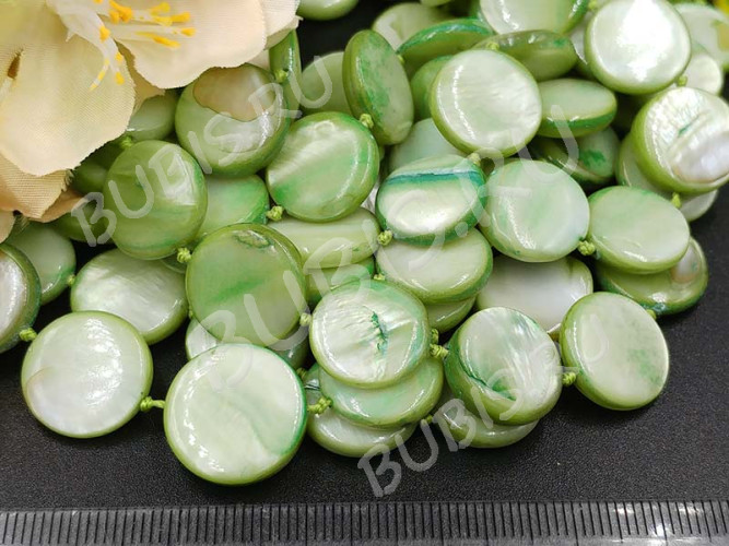 (СКИДКИ!!!) Бусина Круг 12 перламутр 15*15*3мм св.зелёный (камни) (перламутр и ракушки) (10шт.)