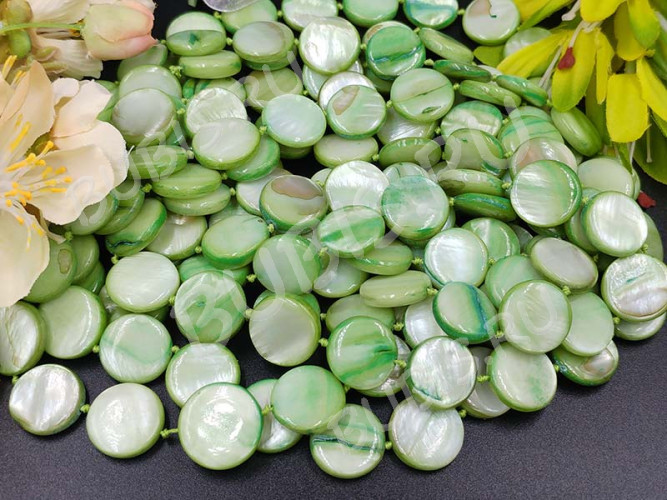 (СКИДКИ!!!) Бусина Круг 12 перламутр 15*15*3мм св.зелёный (камни) (перламутр и ракушки) (10шт.)