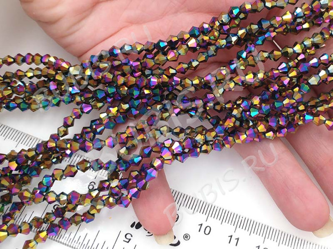 (СКИДКИ!!!) Бусина кристалл Биконус гранёный 4*4мм Хрусталь бензиновый непрозрачный (имитация Сваровски) (20шт.)