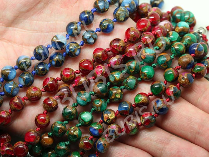 (ОПТ) Бусина округлая Мозаика 09 8мм Халцедон с пиритом мультиколор (камни) (НИТЬ)