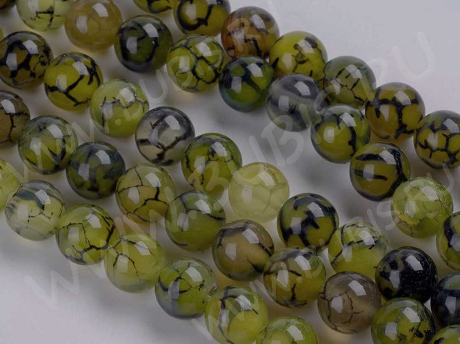 (ОПТ) Бусина округлая 8мм Агат "Вены Дракона" оливковый полупрозрачный (камни)(НИТЬ)