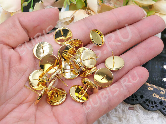 Пуссеты ("гвоздики") №174 (с круглым сеттингом 12мм) 14*13*0,7мм золотистые (Хирургическая сталь) (1 пара)