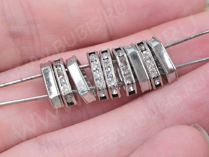 Разделитель 31 на 2 нити рондель со стразами 11*4,5*2,5мм цвет платины и прозрачные стразы (Brass)