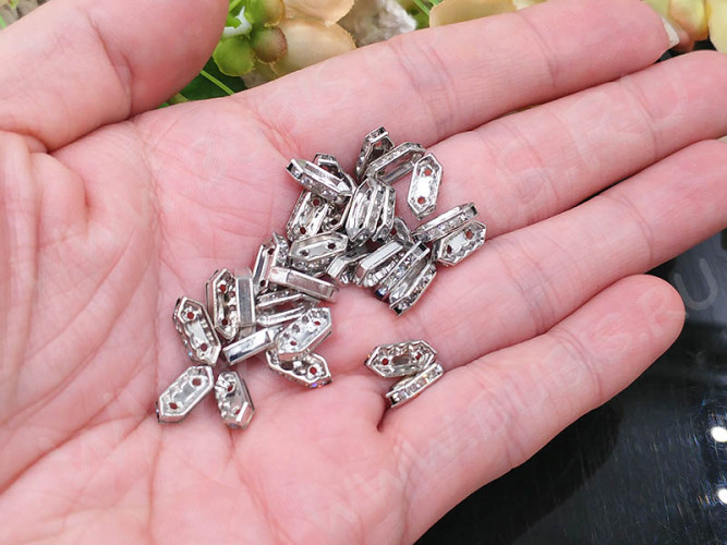 Разделитель 31 на 2 нити рондель со стразами 11*4,5*2,5мм цвет платины и прозрачные стразы (Brass)