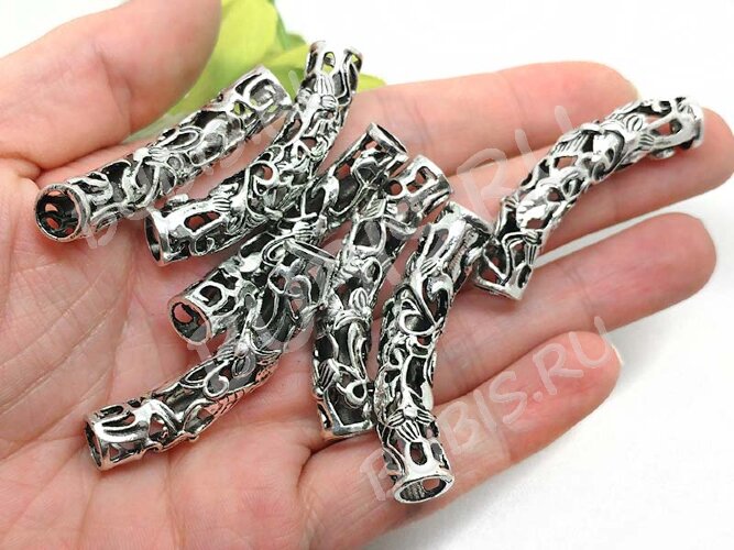 Бусина 119 Трубочка большая ажурная 47,5*16*9,5мм античное серебро (литьё)